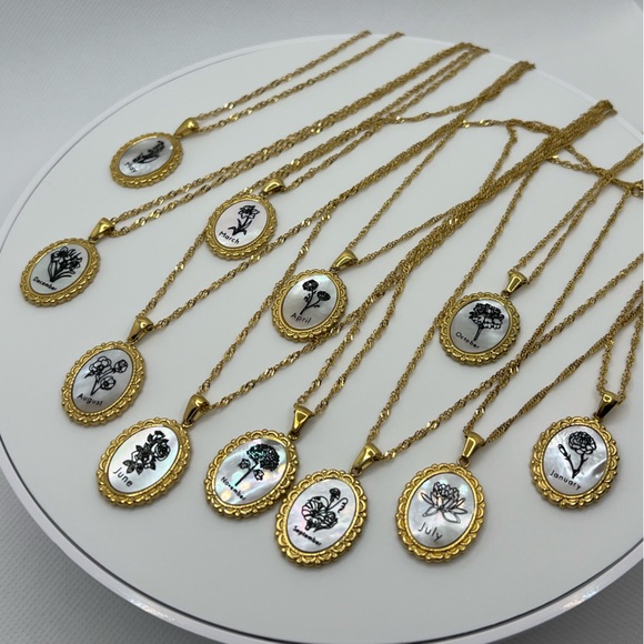 N335 Birth Month Flower Rainbow Mother of Pearl Necklace 18KGold over Stainless - Picture 5 of 6